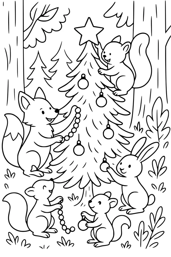 Free Forest Animals Christmas Tree Coloring Page - Woodland Friends Decorating Together (Printable PDF)