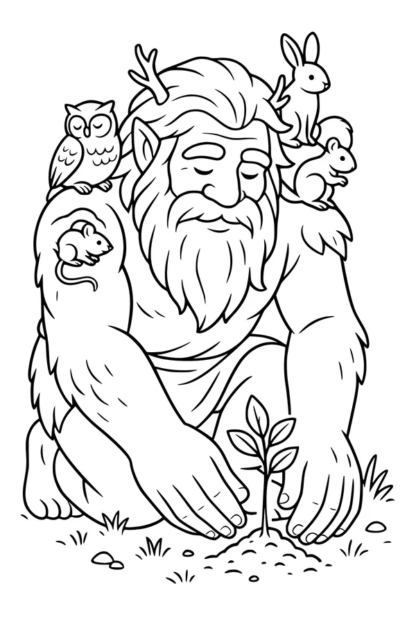 Free Forest Giant Coloring Page - Gentle Giant Planting a Sapling (Printable PDF)