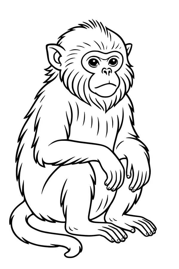 Free Monkey Coloring Page - Fuzzy Monkey Sitting Calmly (Printable PDF)
