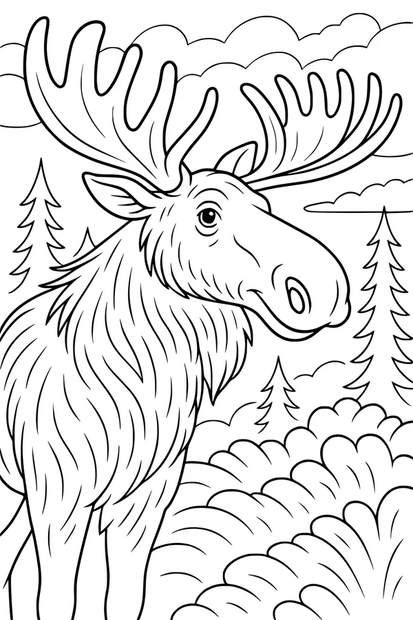Free Moose Coloring Page - Antlered Elk in Piney Meadow (Printable PDF)