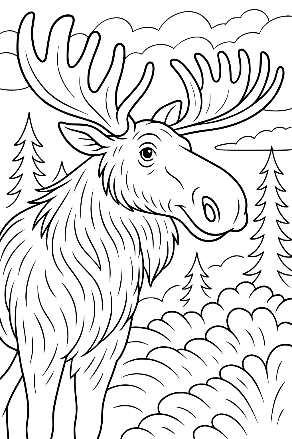 Moose with large antlers standing in a field, surrounded by pine trees and clouds in the sky.