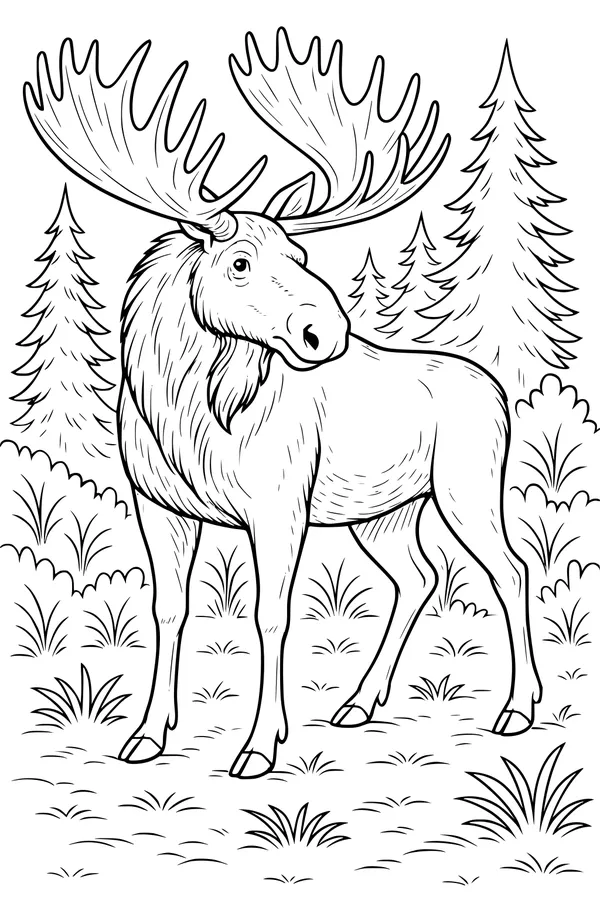 Free Moose Coloring Page - Forest Pines Wildlife Scene (Printable PDF)