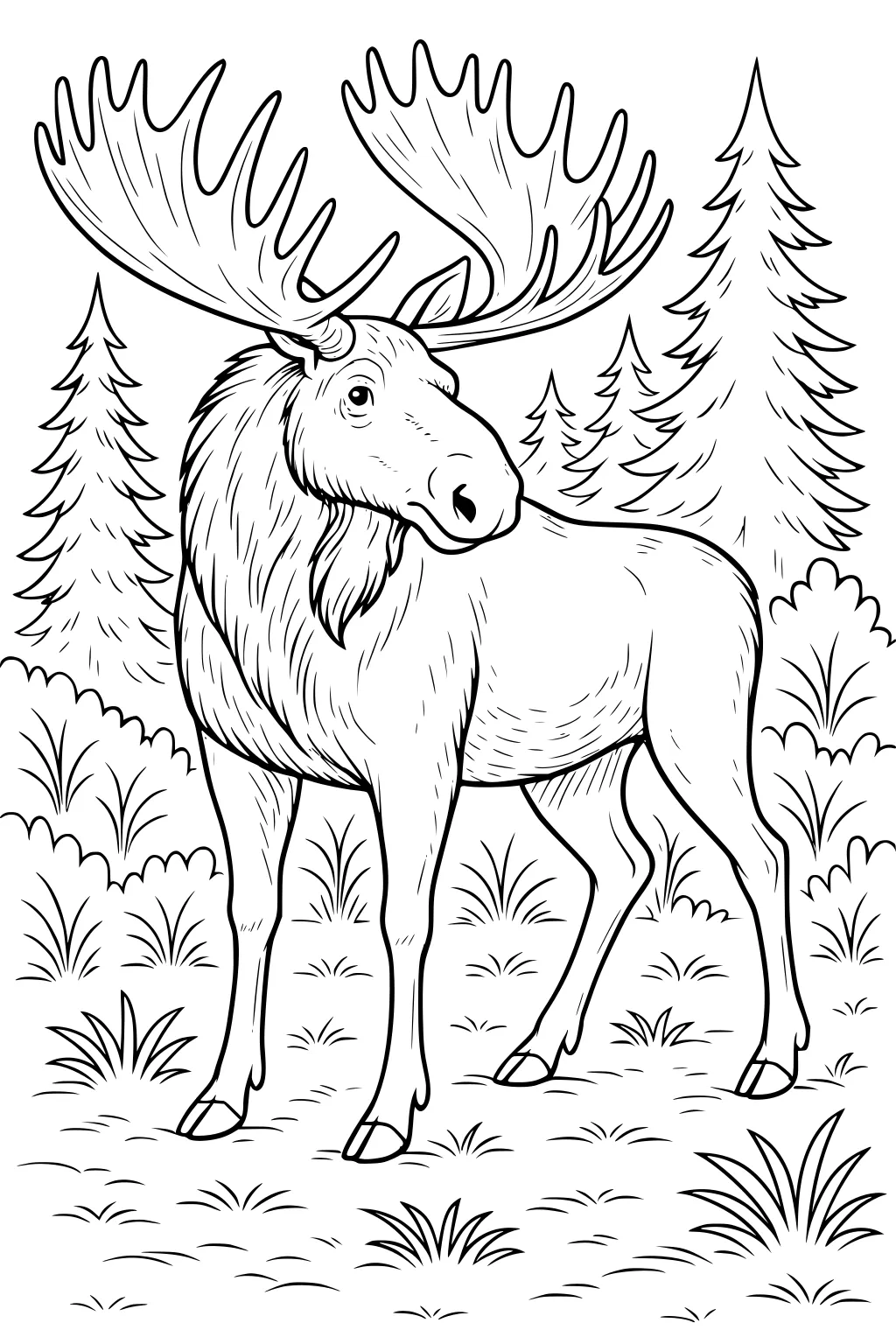 Large moose with detailed antlers standing on grass, surrounded by pine trees and forest plants.
