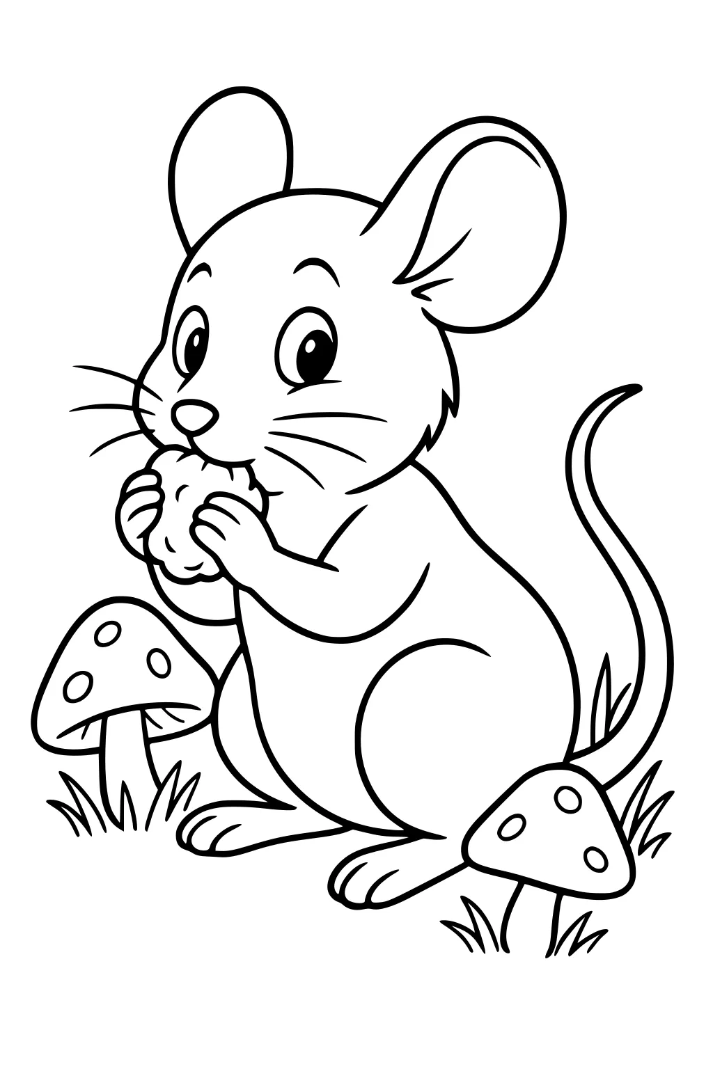 Cartoon mouse sitting in grass between two mushrooms, holding food, with a long tail and big ears.