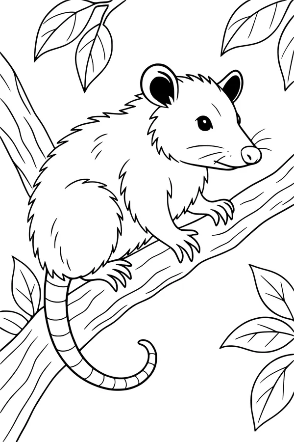 Free Opossum Coloring Page - Ollie on a Leafy Tree Branch (Printable PDF)
