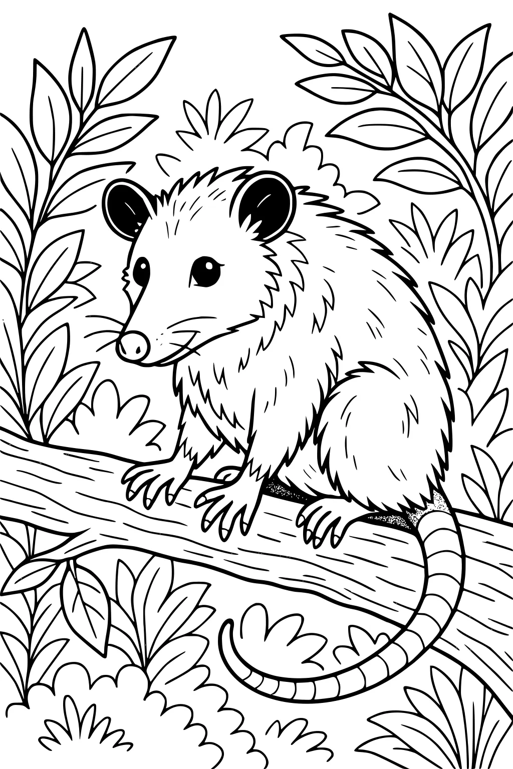 A fluffy opossum sits on a branch, big eyes looking forward, with leafy bushes and plants all around.