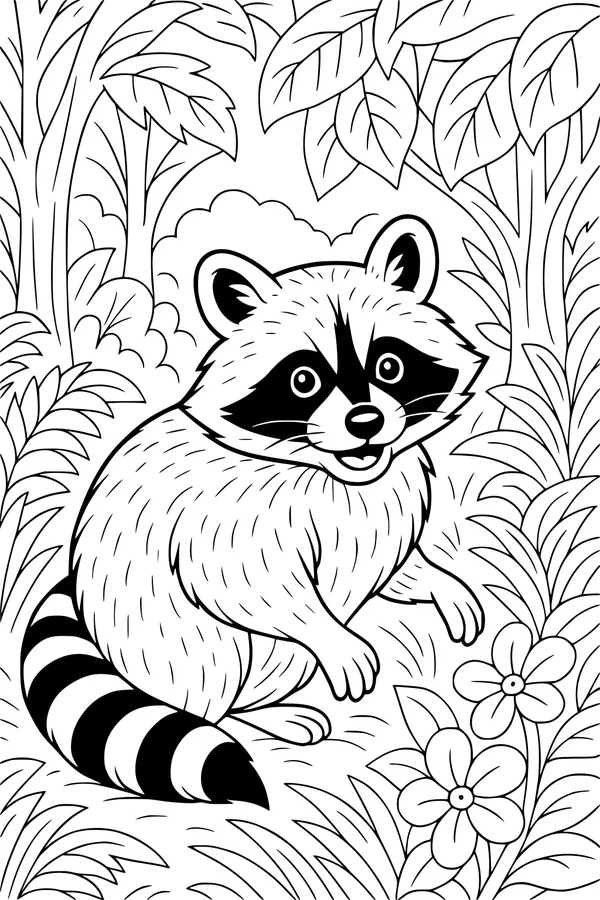 Free Raccoon Coloring Page - Cute Rascal in Leafy Forest Clearing (Printable PDF)