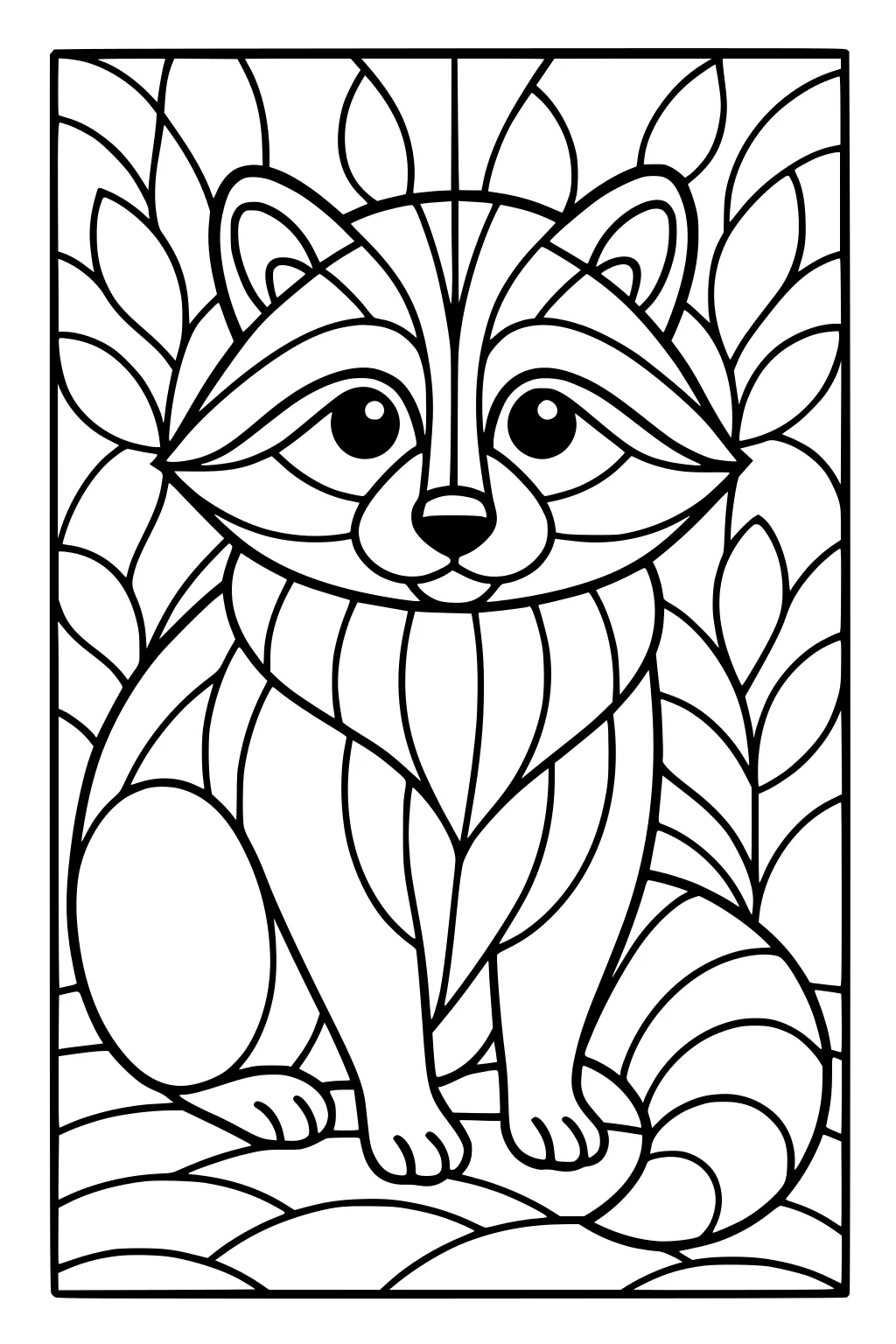 Raccoon with fluffy tail sits surrounded by large leaf patterns and bold lines.