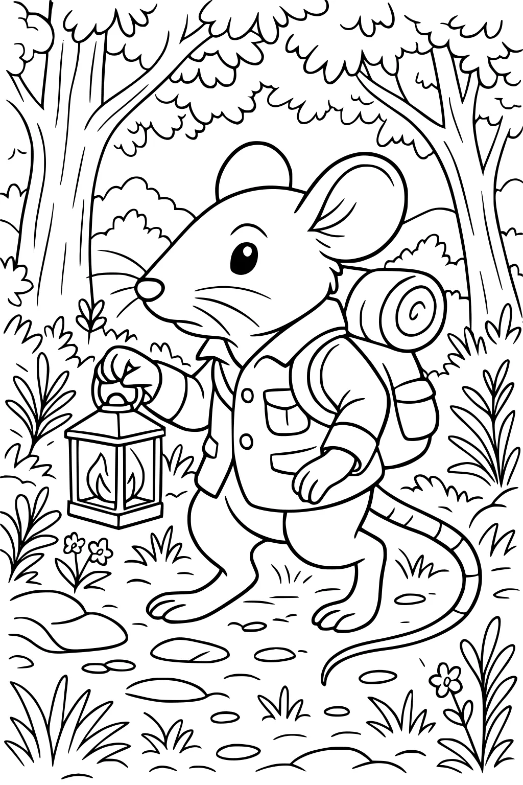 Rat wearing a jacket and backpack, holding a lantern while walking on a forest path with trees, plants, rocks, and flowers.