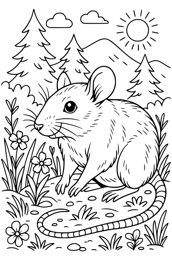 Free Mouse Coloring Page - Sunny Forest Mountain Scene (Printable PDF)