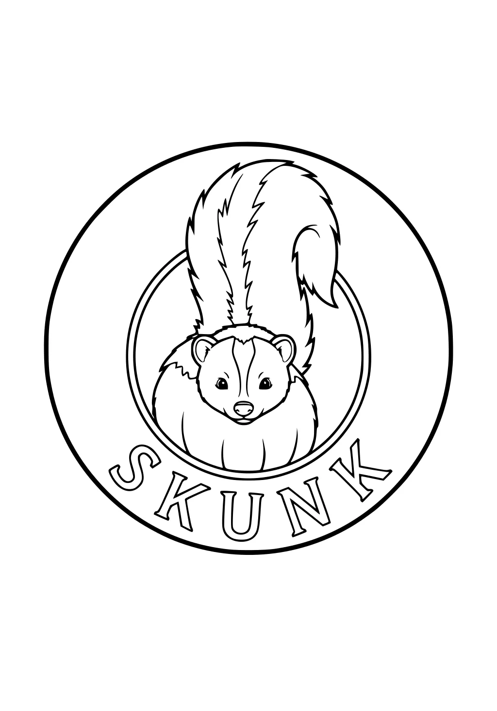 Outlined drawing of a fluffy skunk with a striped tail inside a circle, with SKUNK written underneath.