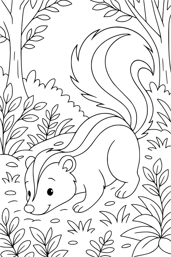 Free Skunk Coloring Page - Cartoon Forest Walk Scene (Printable PDF)
