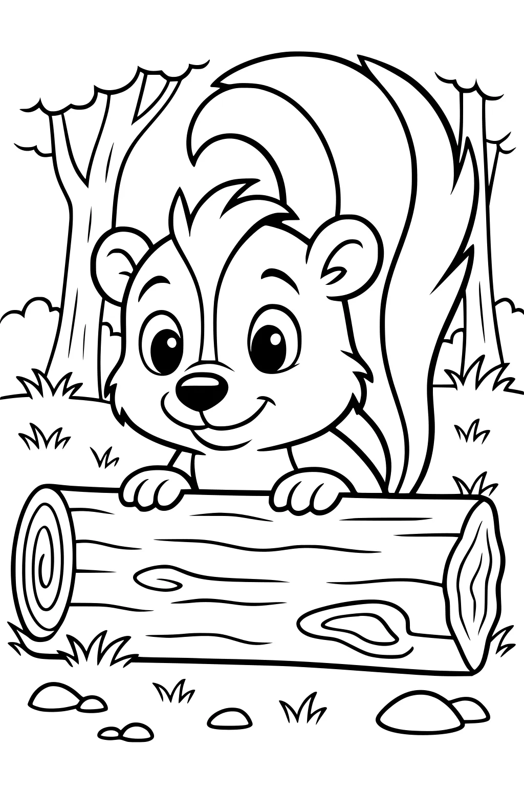 Cartoon skunk peeking over a log in a grassy forest with trees and rocks in the background.