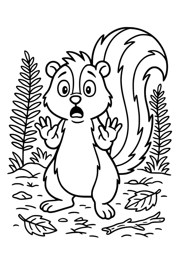 Free Skunk Coloring Page - Surprised Skunk in Autumn Forest (Printable PDF)