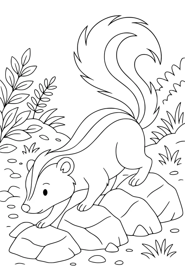 Free Skunk Coloring Page - Shy Cartoon Skunk With Fluffy Striped Tail (Printable PDF)