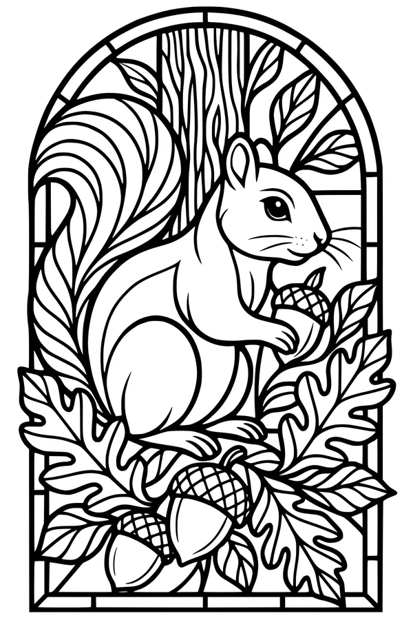 Free Squirrel Coloring Page - Nutty Forest Window Scene (Printable PDF)