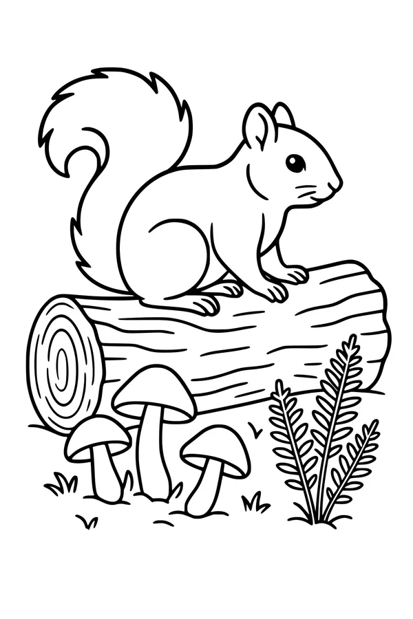 Free Squirrel Coloring Page - Woodland Log and Mushrooms Scene (Printable PDF)