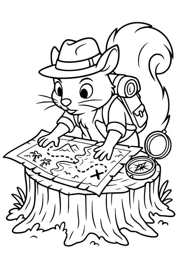 Free Squirrel Coloring Page - Explorer With Treasure Map (Printable PDF)