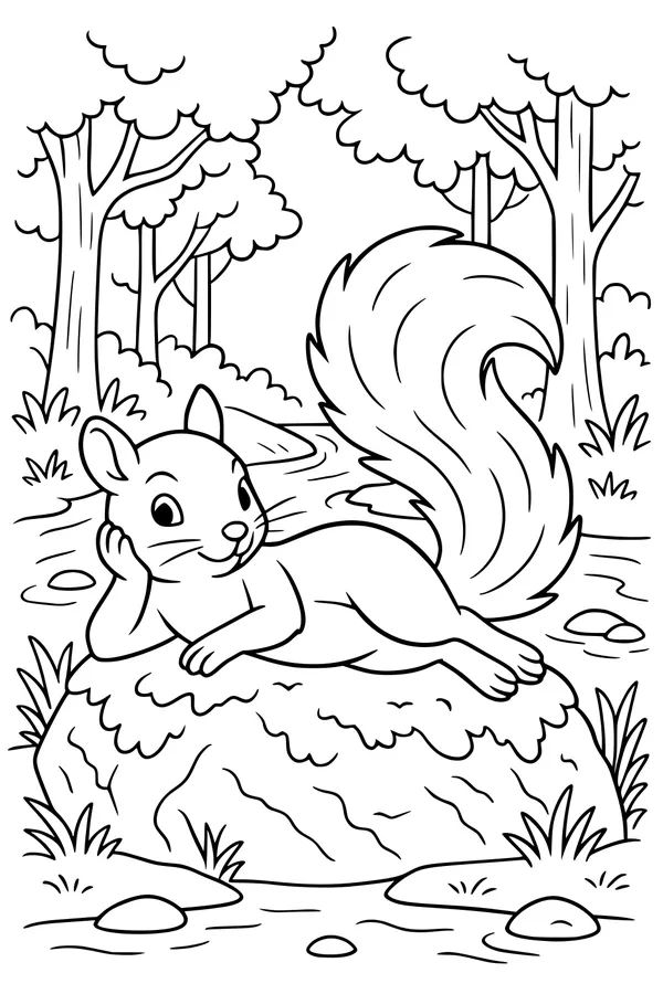 Free Squirrel Coloring Page - Relaxing by a Forest Stream (Printable PDF)