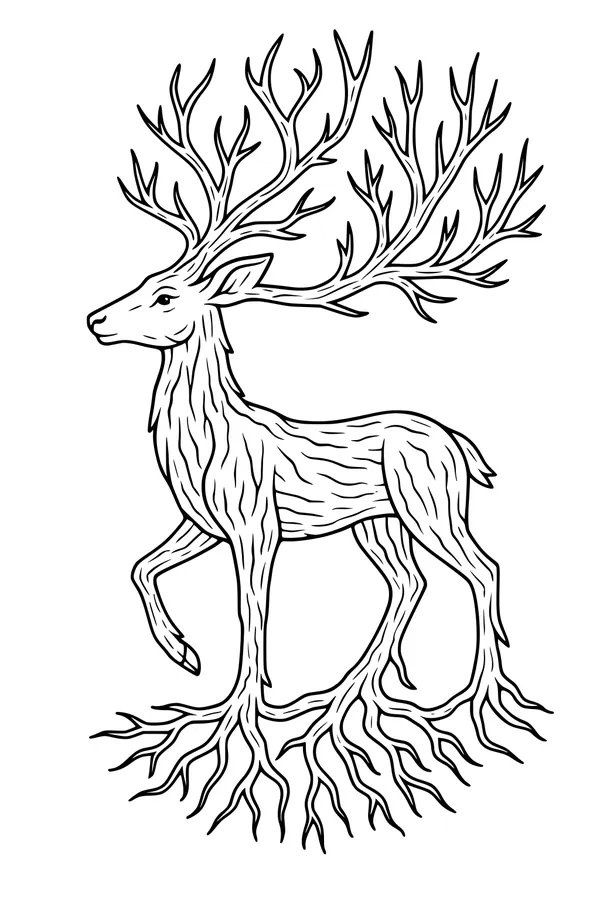 Free Deer Coloring Page - Enchanted Forest Stag With Branch Antlers (Printable PDF)