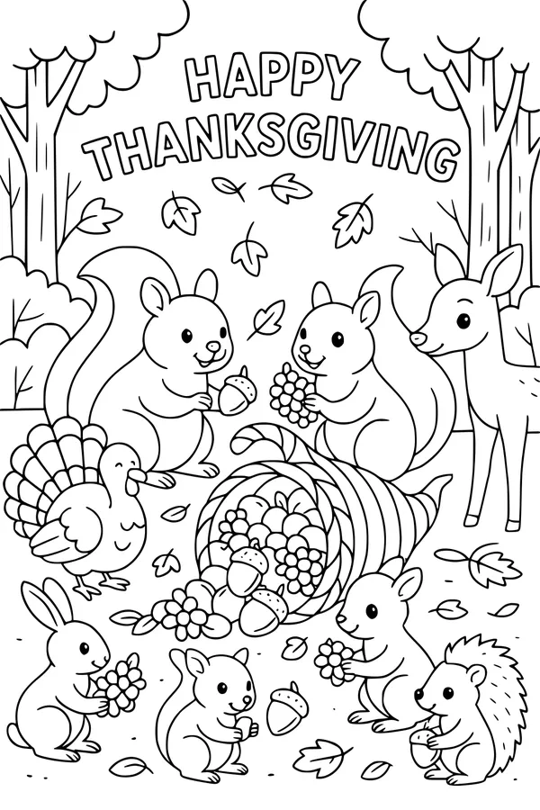 Free Forest Animals Thanksgiving Coloring Page - Cornucopia Feast in the Woods (Printable PDF)
