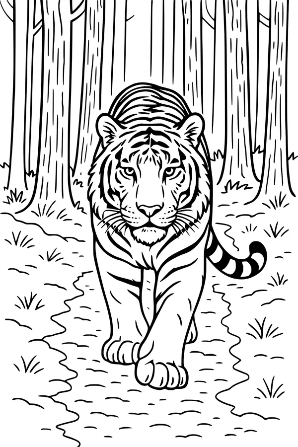 Free Tiger Coloring Page - Stripe King on Forest Path (Printable PDF)