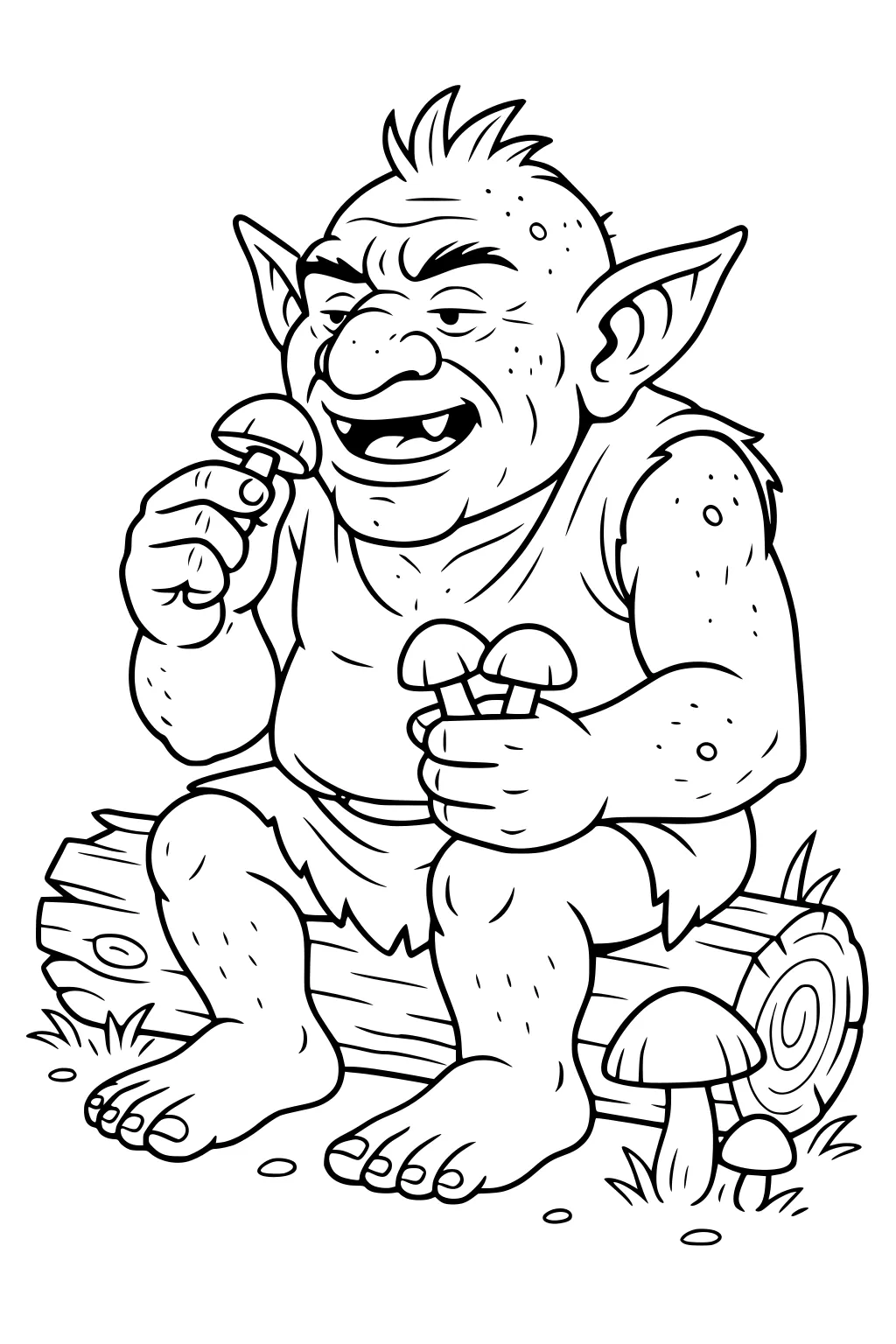 Cartoon troll with big ears sits on a log, grinning, eating a mushroom and holding more; grass and mushrooms by his feet.