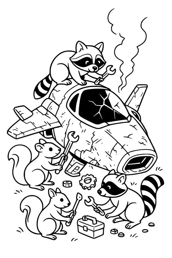 Free UFO Coloring Page - Forest Critters Repair a Crashed Spaceship (Printable PDF)