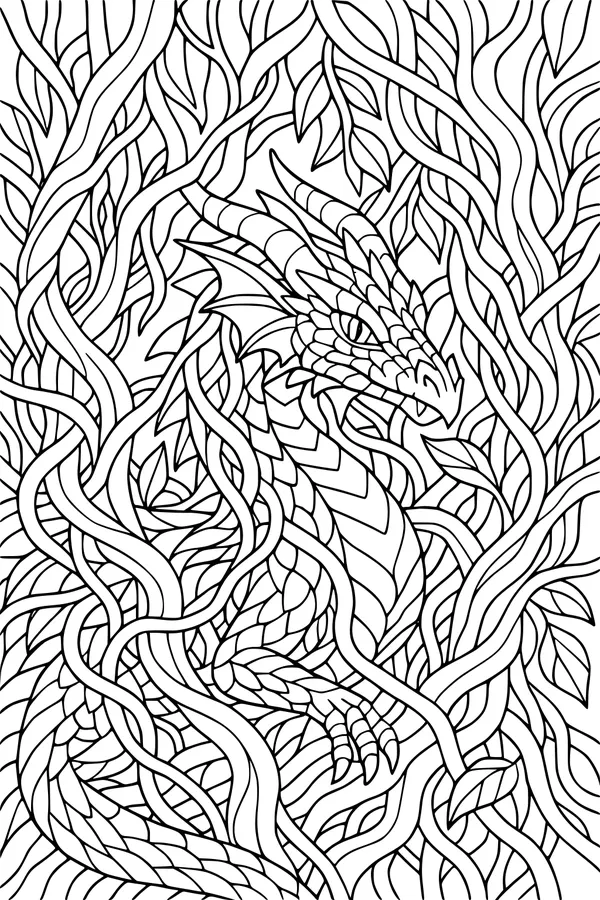 Free Dragon Coloring Page - Horned Jungle Dragon in Tangled Vines (Printable PDF)
