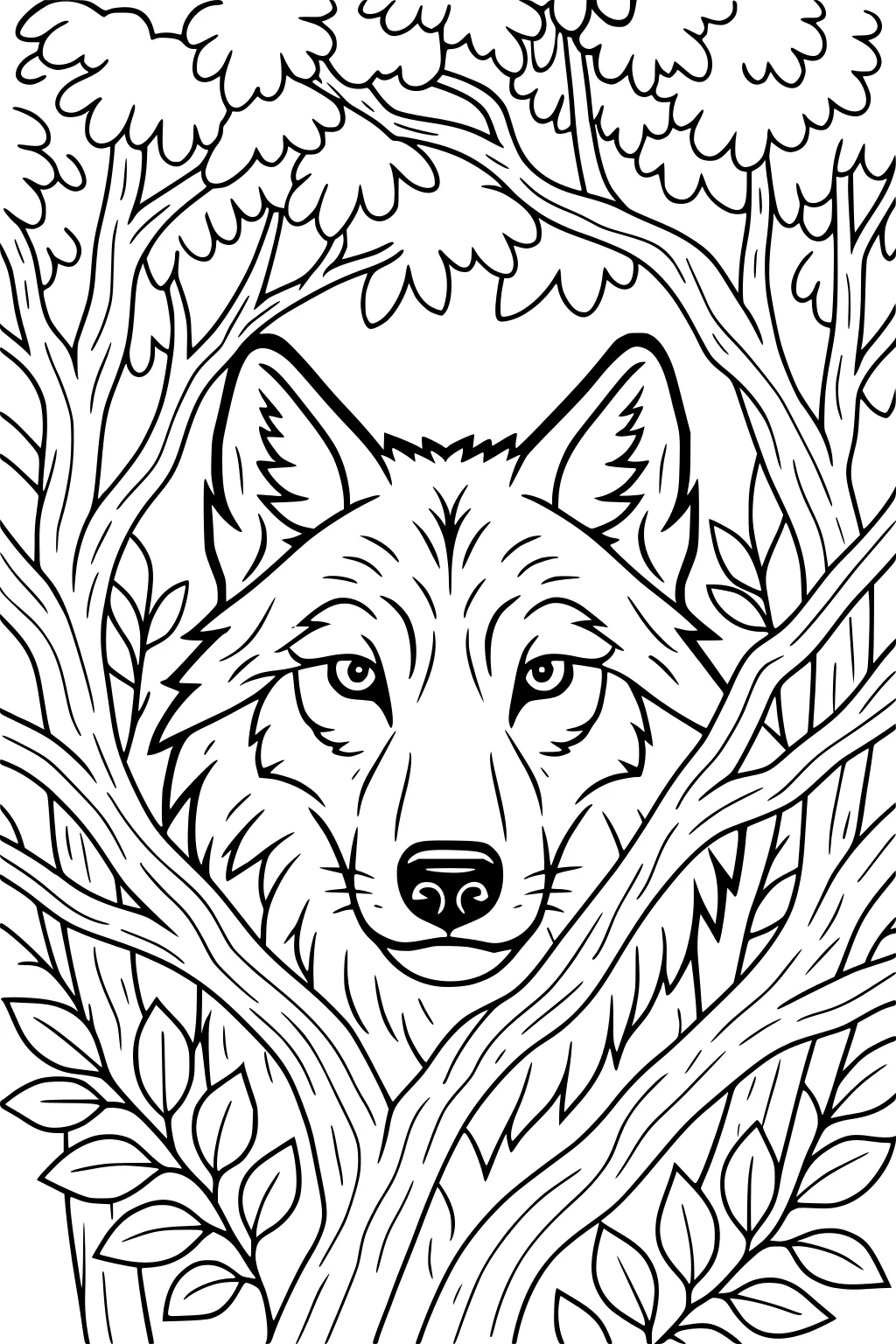 Wolf face peeking through intertwined tree branches and leaves, front view with detailed fur lines and leafy canopy above.