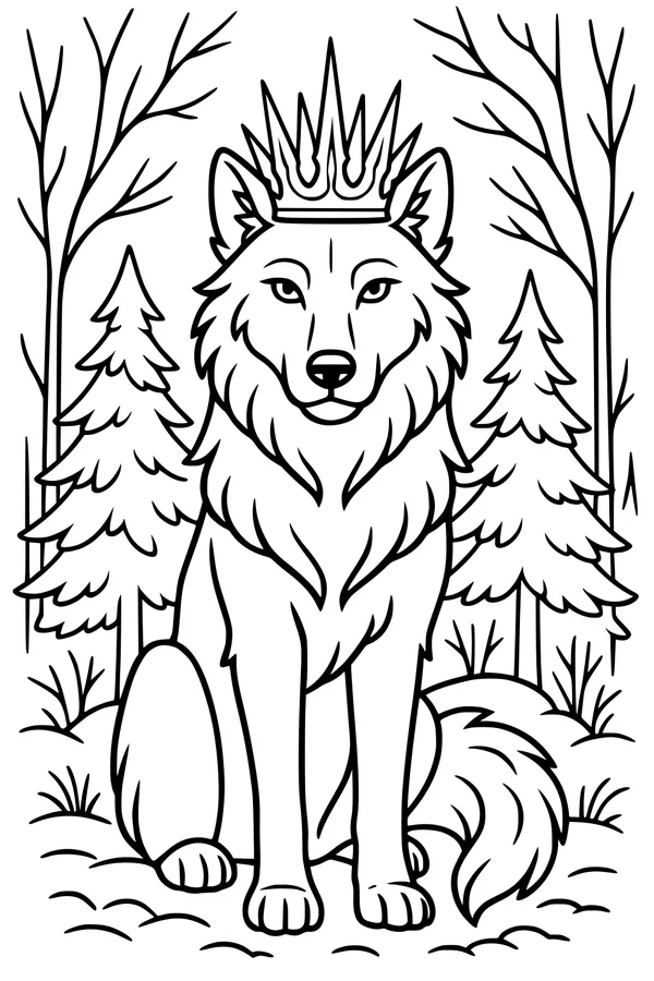 Free Wolf Coloring Page - Queen Wolf in Quiet Pine Forest (Printable PDF)