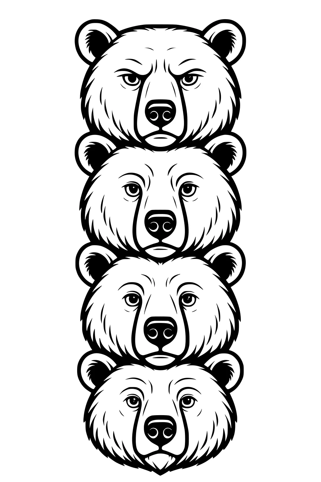 Four bear faces stacked in a vertical row, each with round ears and detailed fur.