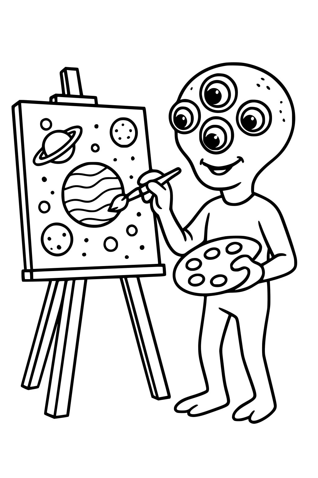 Four-eyed alien smiles while painting planets and stars on a canvas at an easel, holding a paint palette and brush.