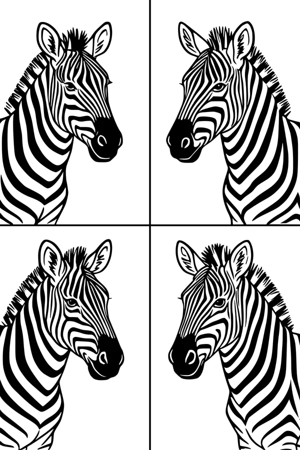 Free Zebra Coloring Page - Four Stripy Portraits in Grid (Printable PDF)
