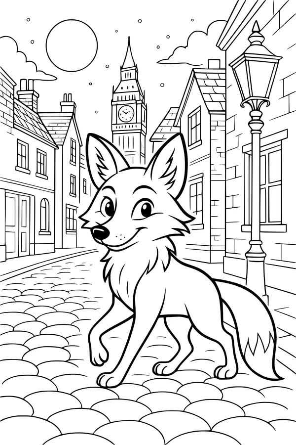 Free Fox Coloring Page - Cartoon Strolls Past Big Ben (Printable PDF)