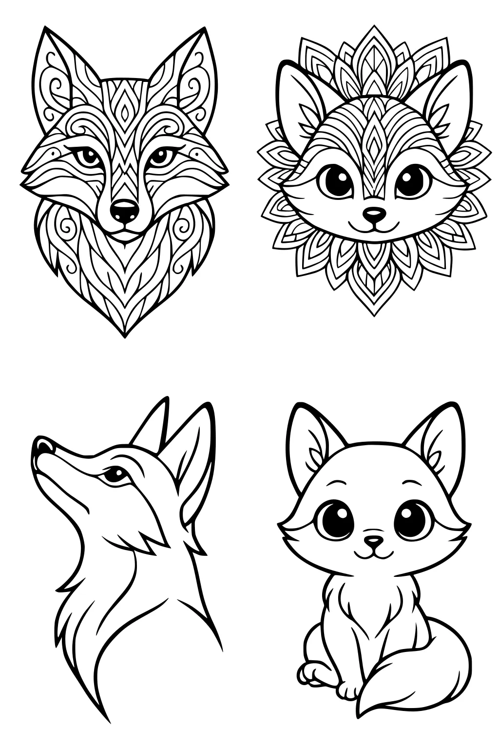 Four fox drawings, two with patterned faces, one sitting cartoon fox, one looking up with simple outlines.