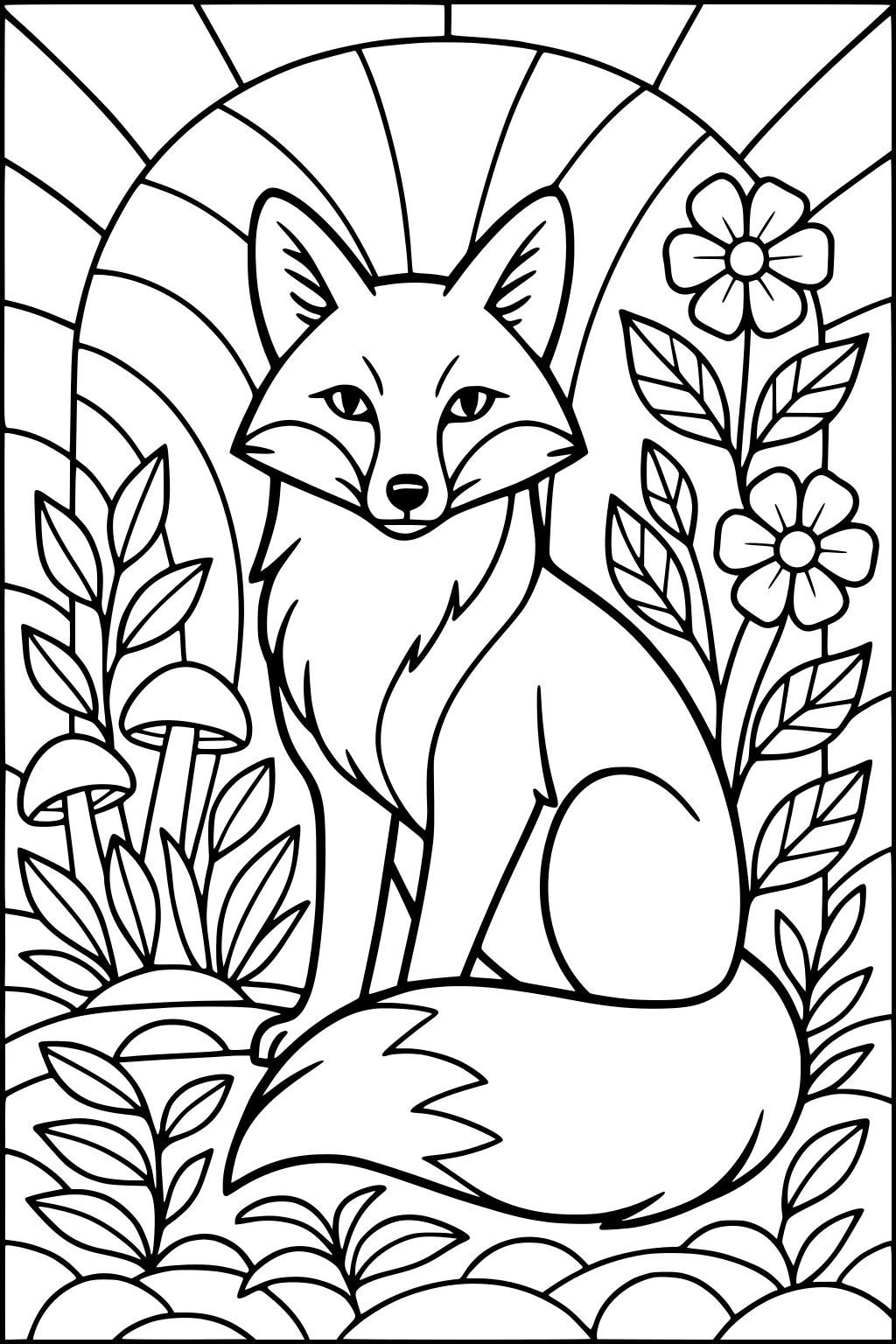Fox sitting among flowers and plants with mushrooms and sunrays in the background, outlined for coloring.