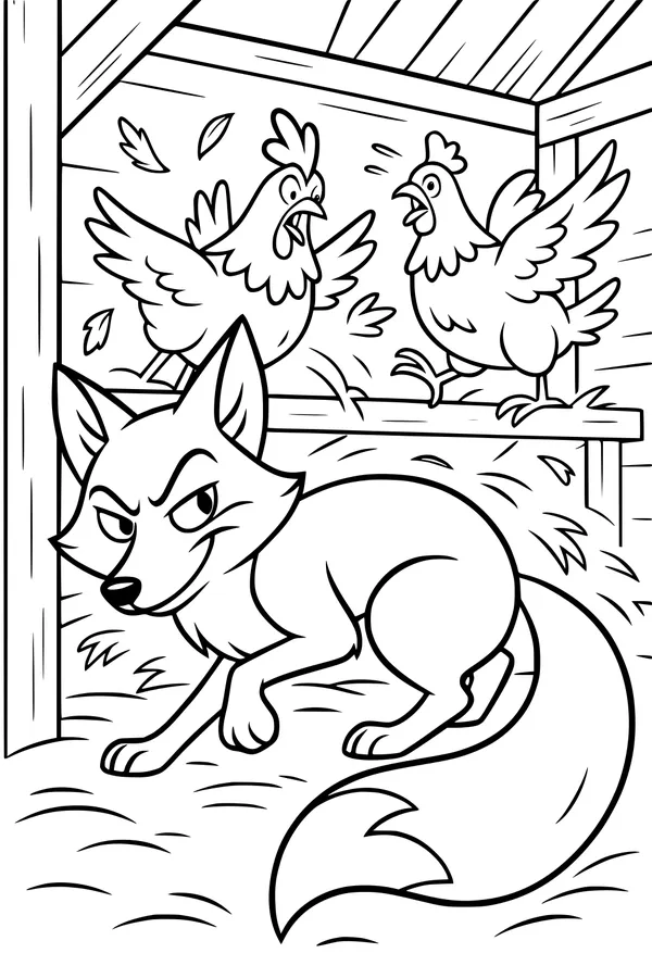Free Fox Coloring Page - Sneaky Fox in the Chicken Coop (Printable PDF)