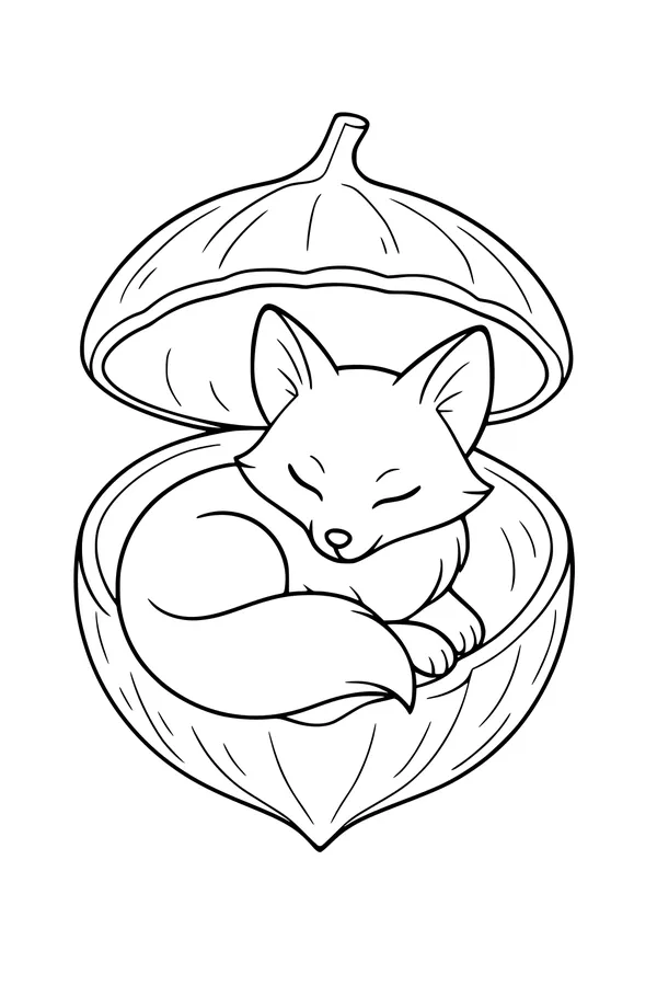 Free Fox Coloring Page - Sleepy Fox in a Walnut Shell (Printable PDF)