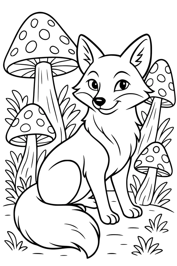 Free Fox Coloring Page - Cute Fox in Mushroom Meadow (Printable PDF)