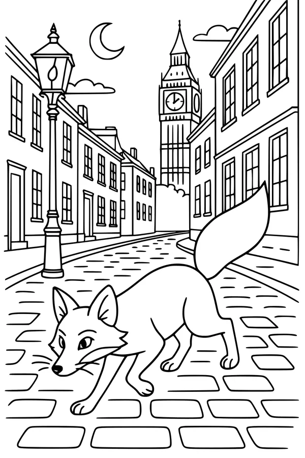 Free Fox Coloring Page - Midnight Stroll in London City (Printable PDF)