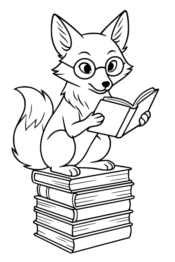 Free Fox Coloring Page - Cute Book-Loving Fox With Glasses (Printable PDF)