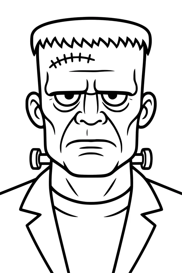 Free Frankenstein Monster Coloring Page - Grumpy Bolt-Neck Portrait (Printable PDF)