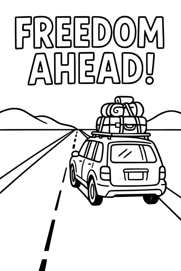 Free Retirement Road Trip Coloring Page - Freedom Ahead SUV Scene (Printable PDF)
