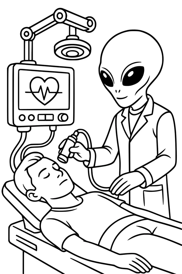 Free Alien Doctor Coloring Page - Friendly Space Clinic Checkup (Printable PDF)