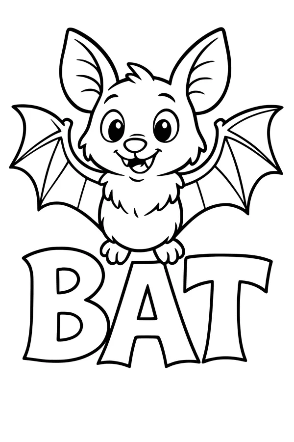Free Bat Coloring Page - Cartoon Bat Above Block Letters (Printable PDF)