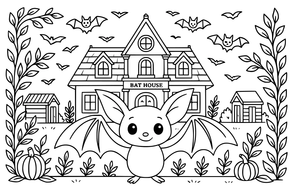 Cartoon bat with big eyes and open wings stands in front of a Bat House. Flying bats, pumpkins, and leaves fill the scene.