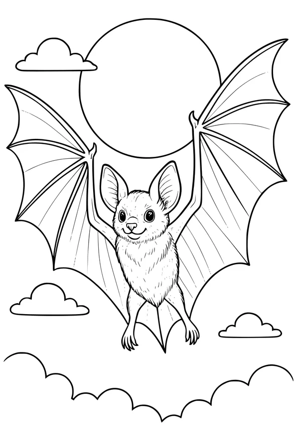Free Bat Coloring Page - Fluffy Bat Flying by Full Moon (Printable PDF)