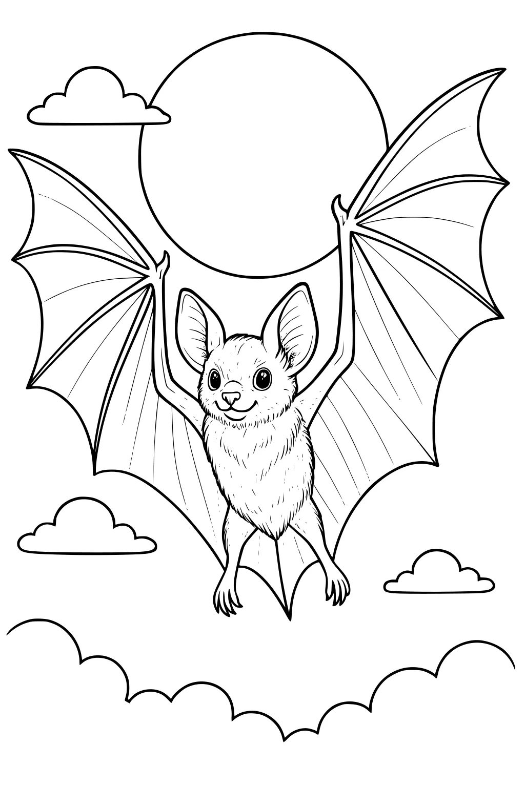 A fluffy bat with big ears and open wings flies in front of a full moon, surrounded by puffy clouds.