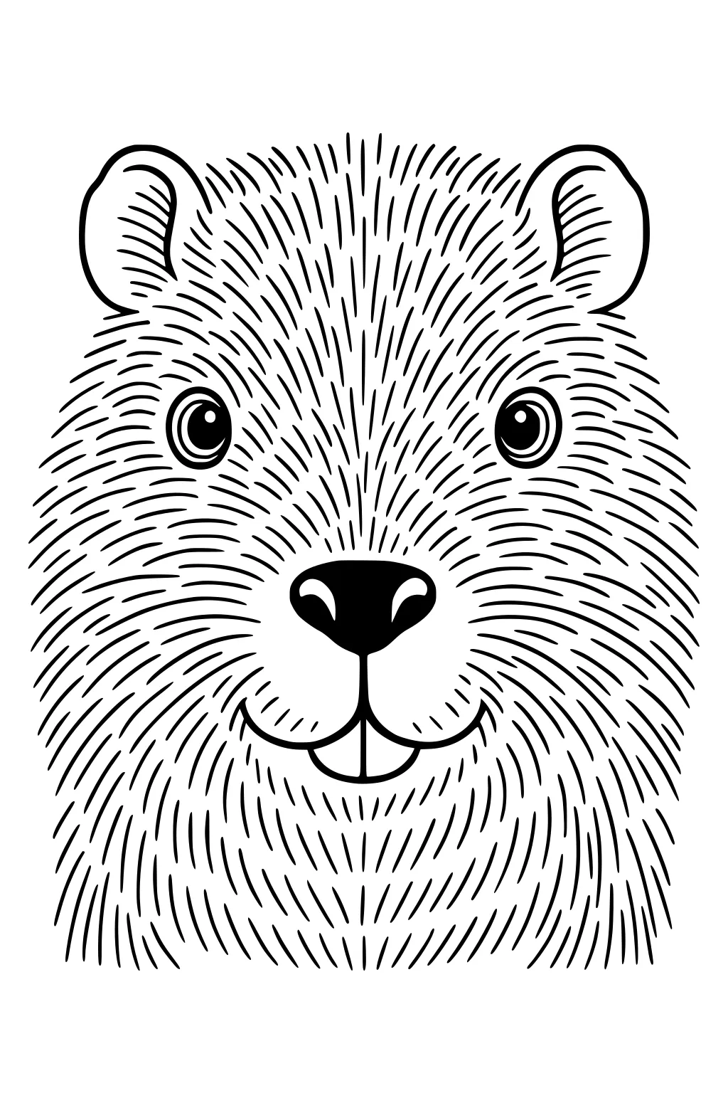 Simple beaver face with big round eyes, small ears, wide nose, two teeth, and lots of fur lines covering the head.
